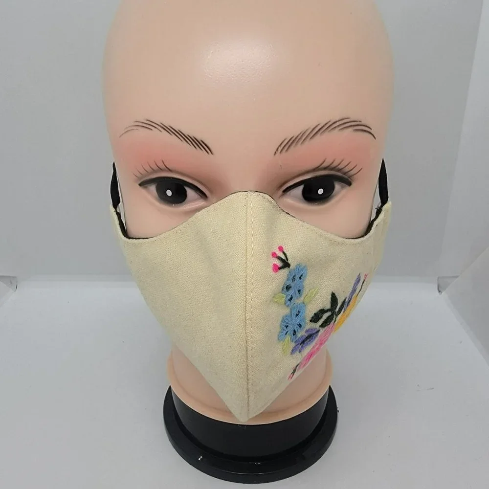 New Face cover ear loop Cream Mask Women's Embroidered handmade garden flowers